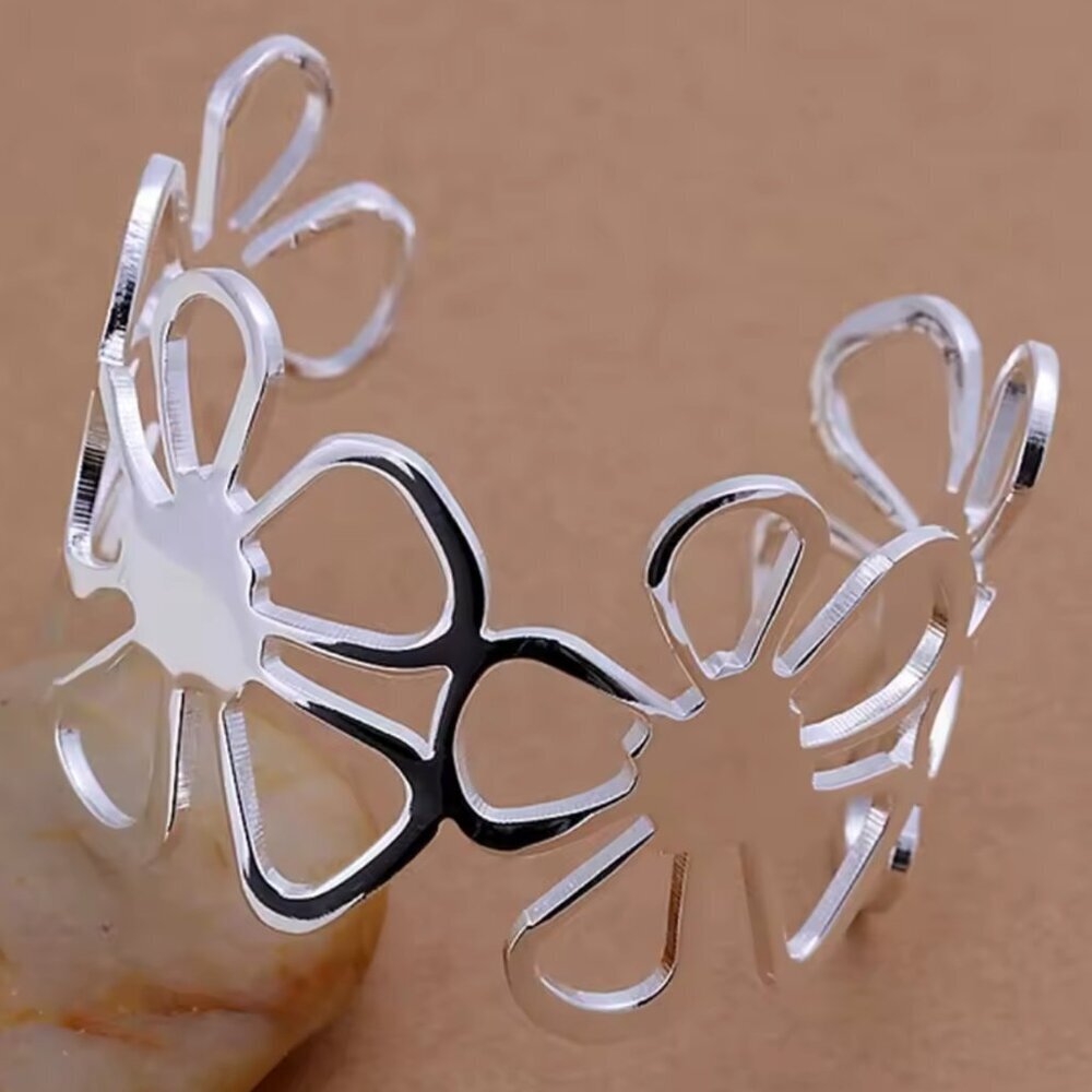 Sterling Silver 925 Floral Cutout Cuff Bracelet – Adjustable #1506